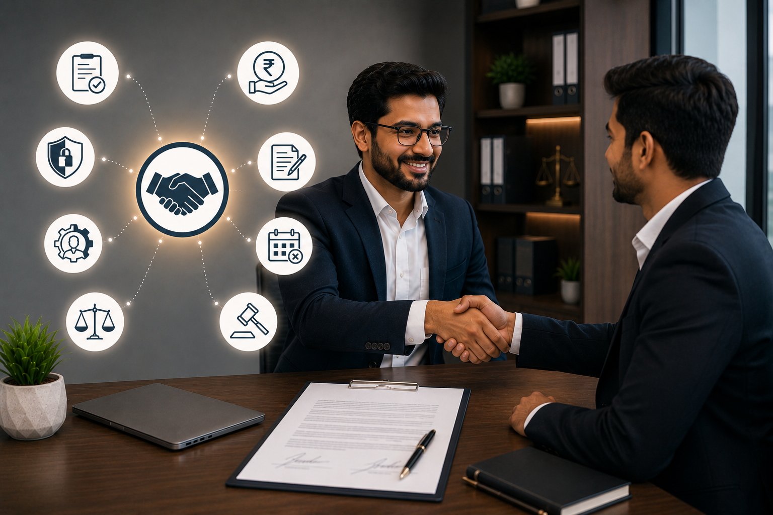 Business parties finalising legal agreement and contract terms