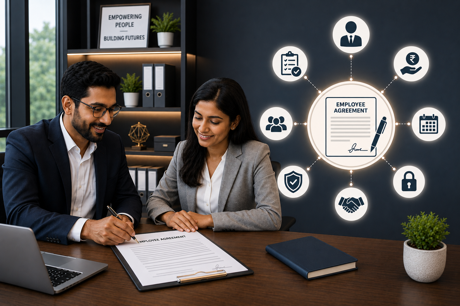 Employer and employee reviewing employment agreement terms
